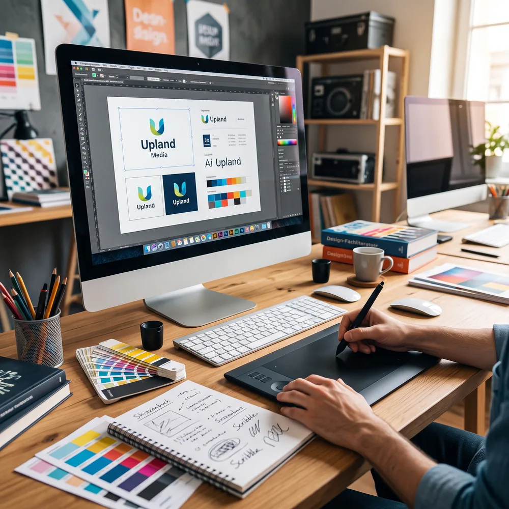 Gestalter-Arbeitsplatz mit Logo-Entwurf am Bildschirm, Grafiktablett, Skizzenbuch und Farbfächer