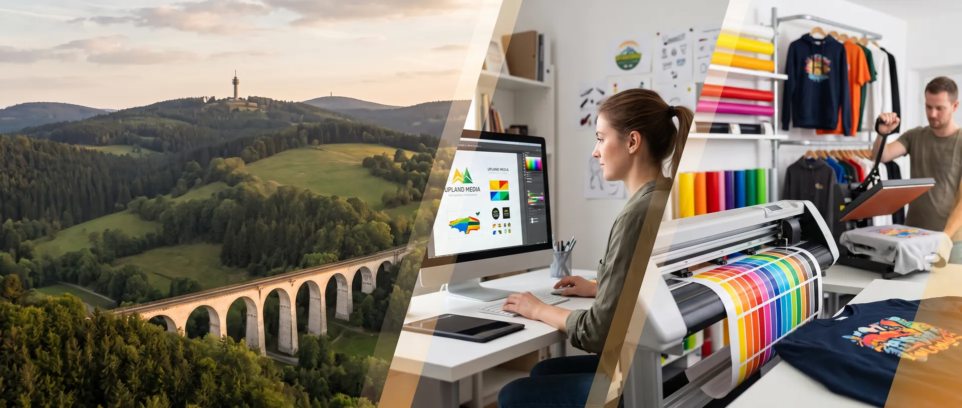 Das Upland mit Viadukt, dazu Gestaltung am Bildschirm sowie Folienplotter und Textilpresse in der Werkstatt