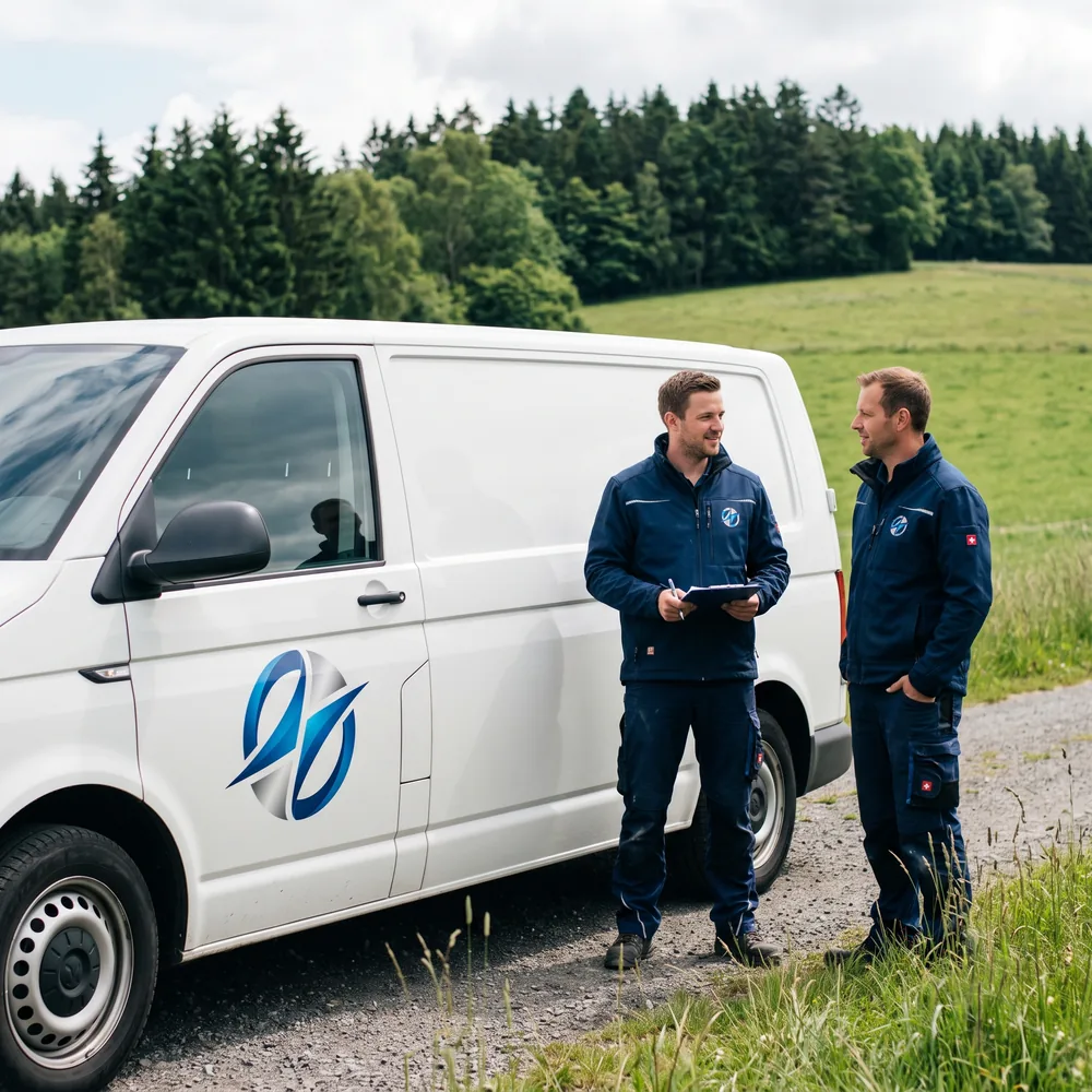 Zwei Handwerker in Arbeitsjacken mit Firmenlogo vor einem Transporter mit Folienlogo