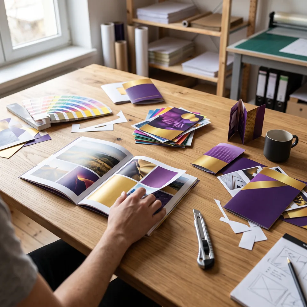Flyer, Faltblätter und eine aufgeschlagene Broschüre in Gold und Violett auf einem Gestaltertisch