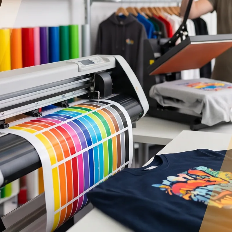 Folienplotter mit bunten Farbmustern, Textilpresse und bedrucktes T-Shirt in der Werkstatt