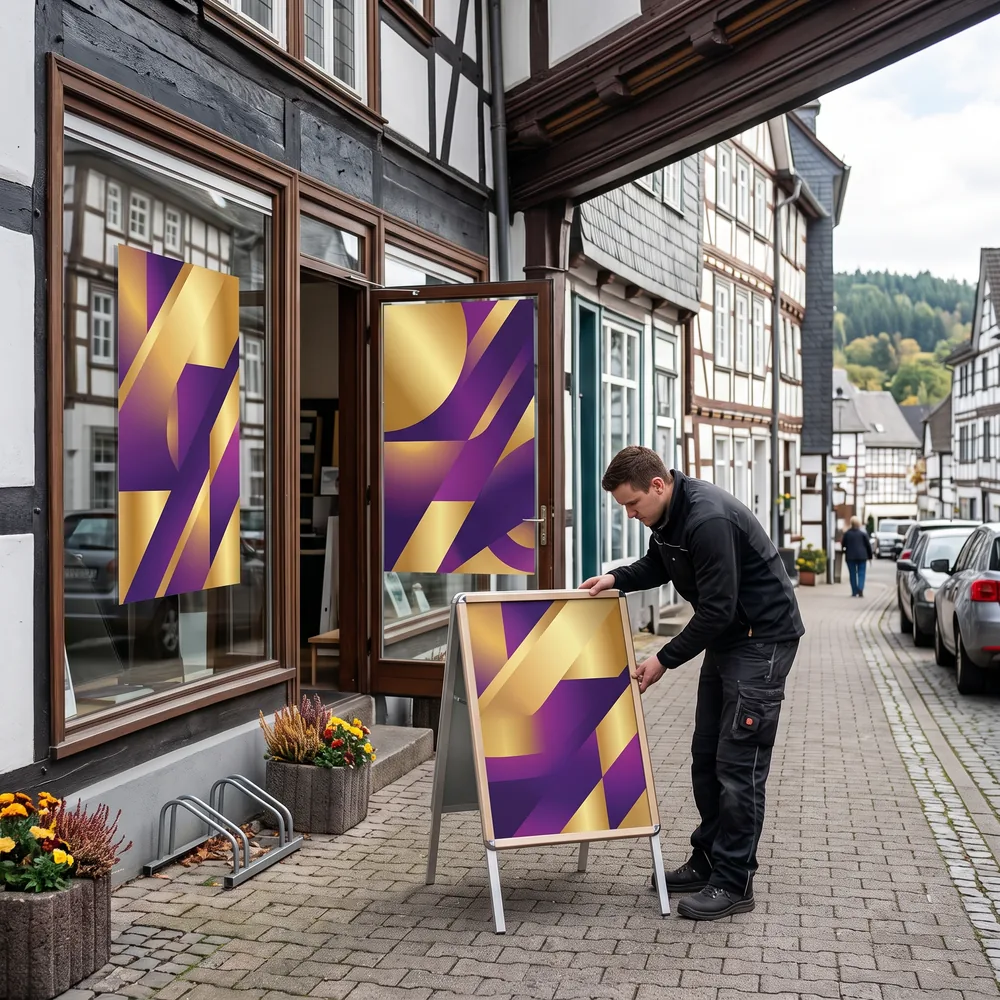 Mann stellt einen Kundenstopper mit Plakat vor einem Geschäft in einer Fachwerkstraße auf