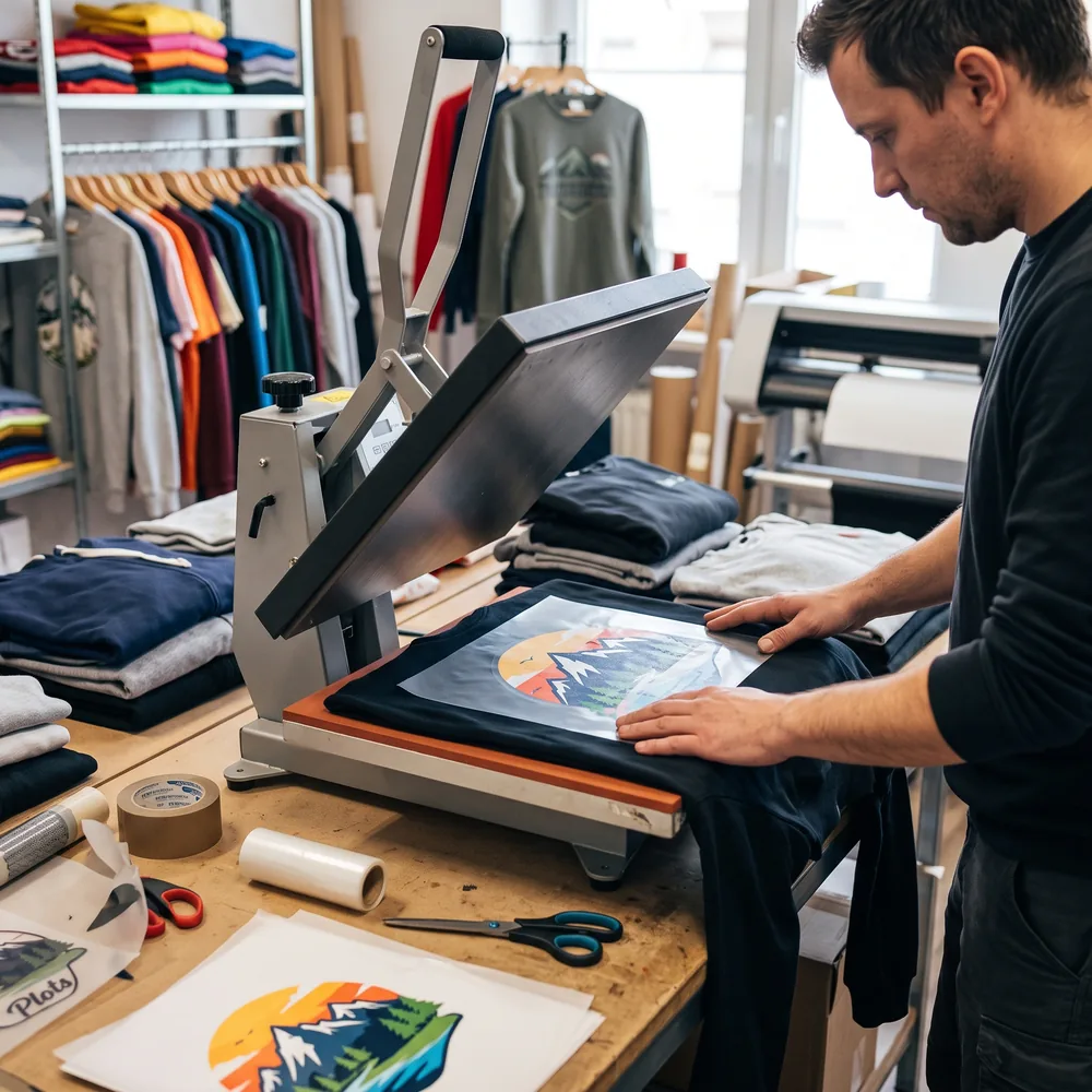 Veredelung eines dunklen T-Shirts mit der Heißpresse, daneben Folienbögen und Schere